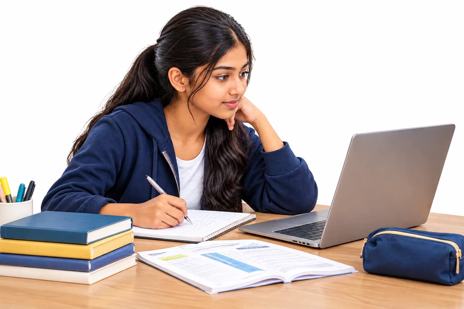 A student working through past papers at her laptop